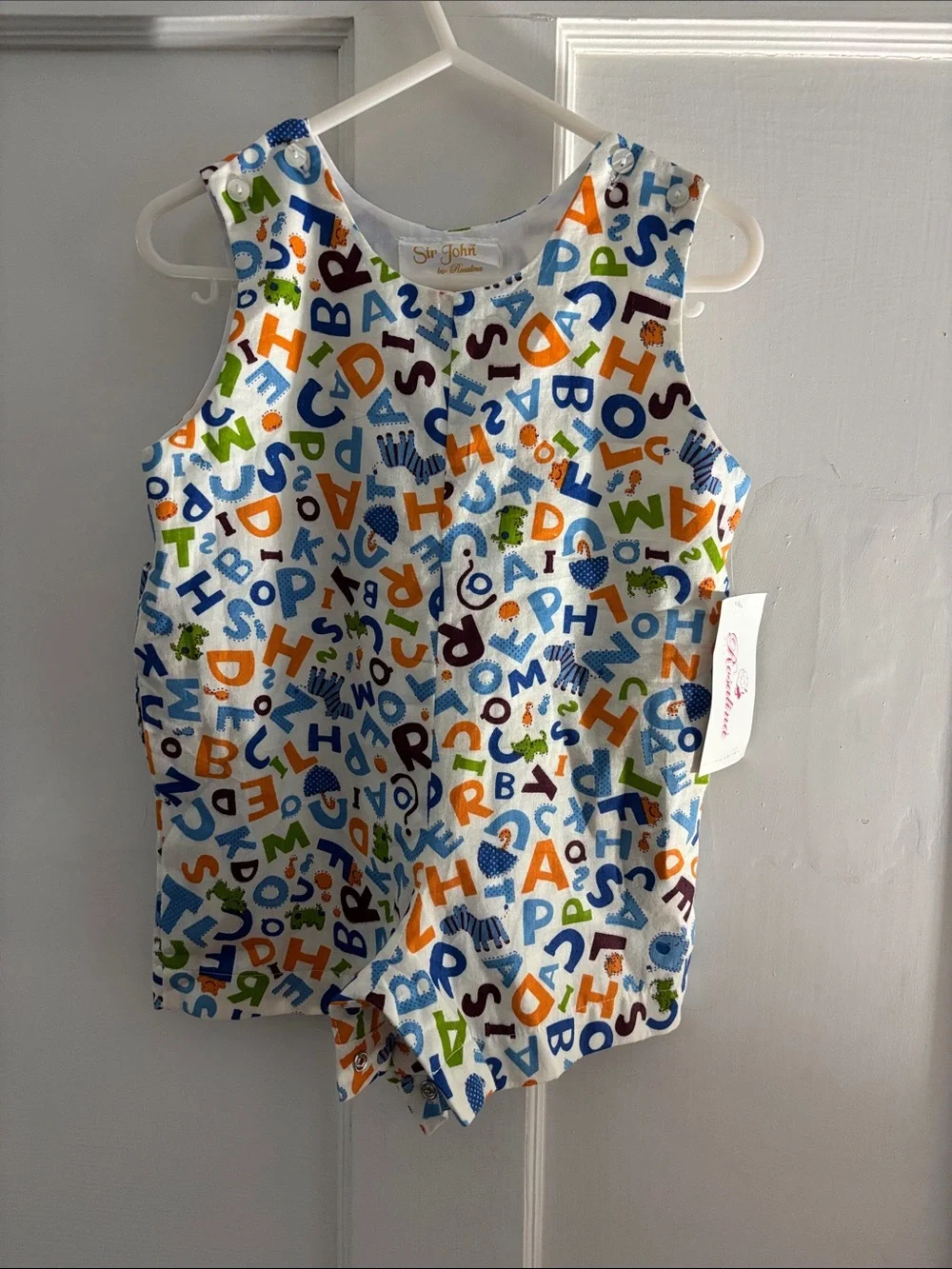 Alphabet Print Toddler Romper in Blue, Orange & Green